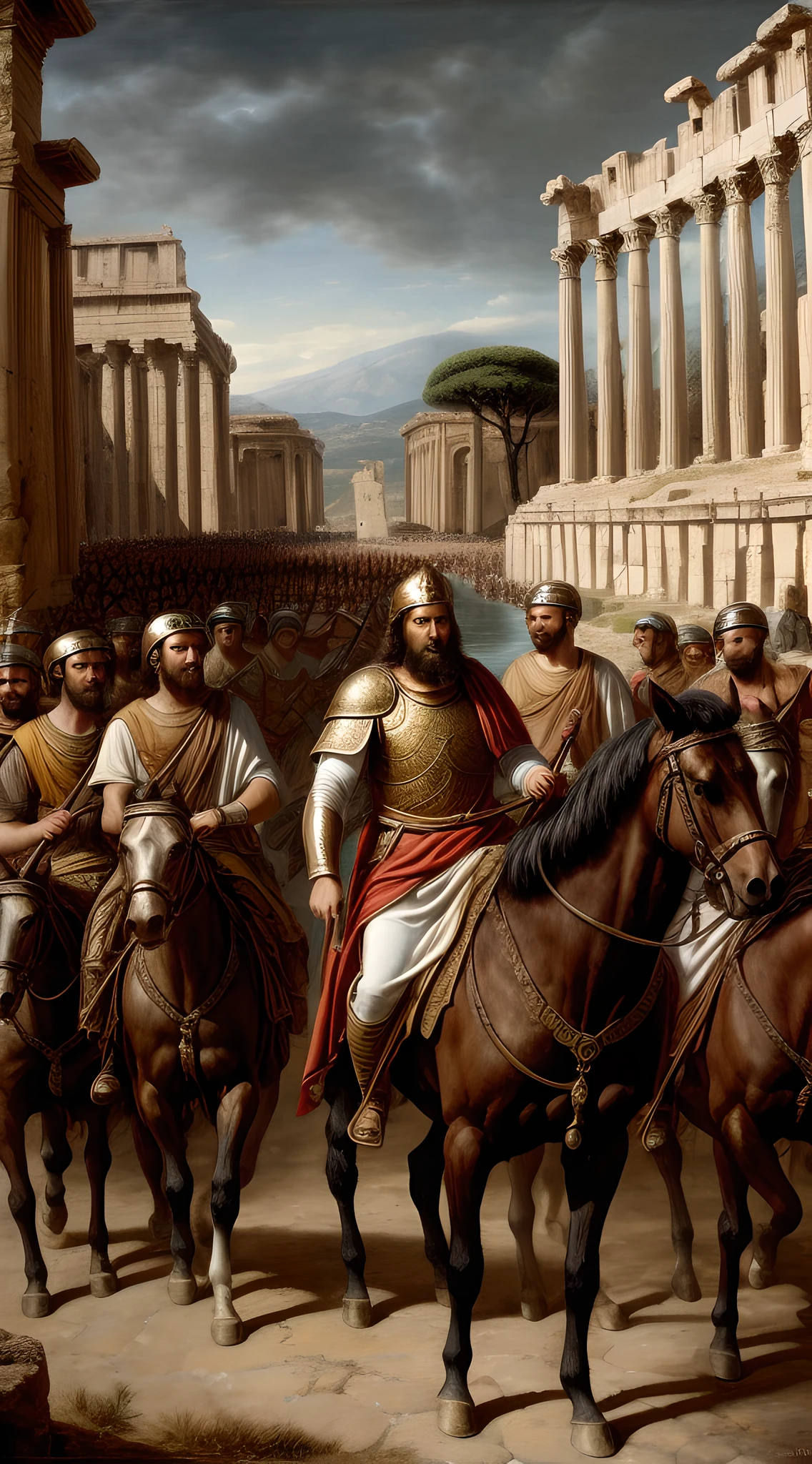 "An epic depiction of King Alaric I, boldly leading his mighty Visigoth warriors into a fierce battle against the formidable Roman Empire, set in the ancient city of Rome during the tumultuous 5th century."