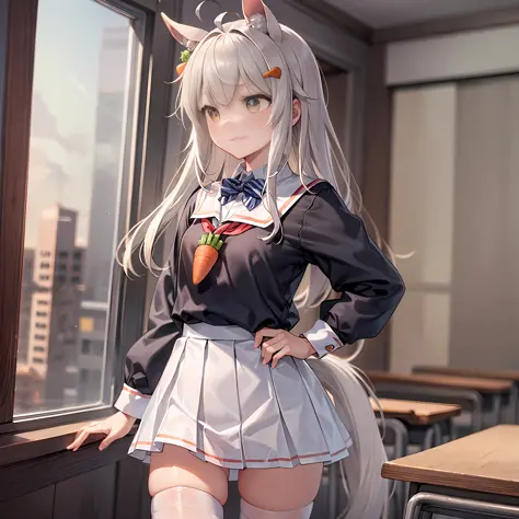 dusk, in summer, (classroom:1.1), ((1girl:1.1), (solo:1.1), (horse girl:1.2):1.05), ((looking away:1.2), (expressionless:1.05):1.2), (white hair, short twintails, side swept bangs, heart ahoge, carrot hair ornament:1.2), flat chest, (yellow eyes:1.1), glin...