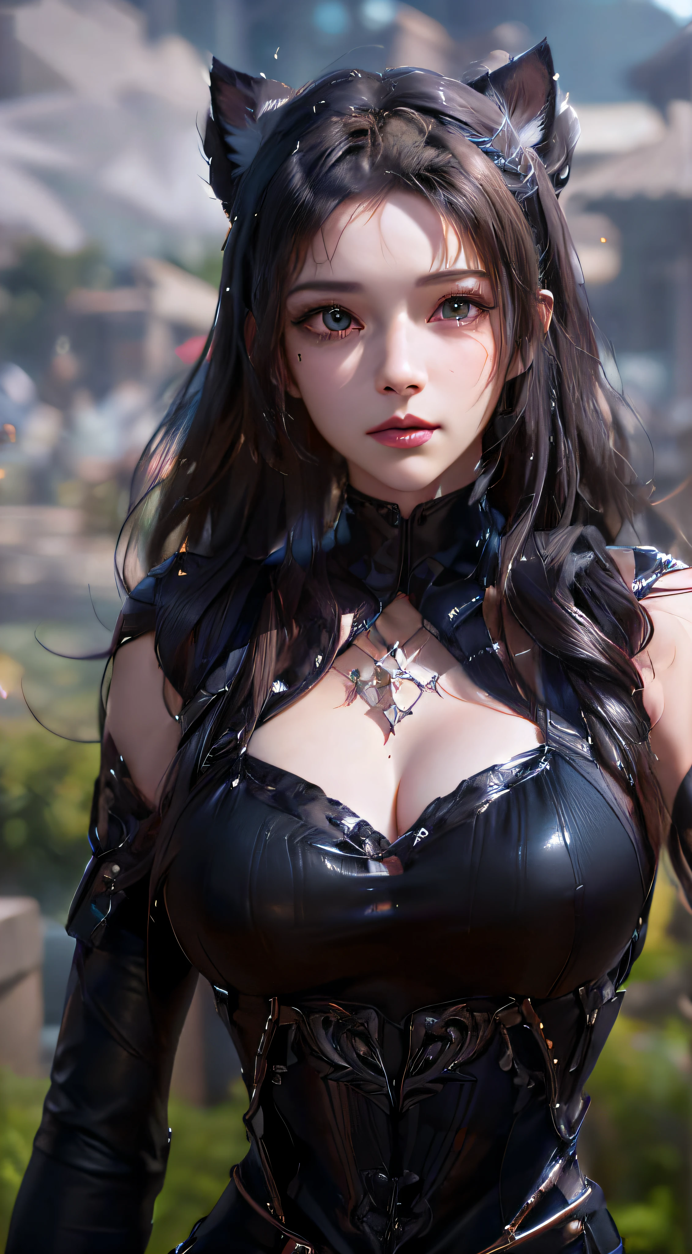 Close-up of a cat-eared woman in a black dress, 8K high quality detail art, 3D rendered character art 8 K, 4K detail fantasy, game CG, Artgerm; 3D Unreal Engine, smooth anime CG art, wearing shiny cuirass, ultra-detailed fantasy characters, 8K art bacterial bokeh, portrait of Tifa Lockhart, ((Need for Beauty)), ((Face Close-up)), ((Perfect Face)), ((Delicate Facial Features)), ((Beautiful Eyes))