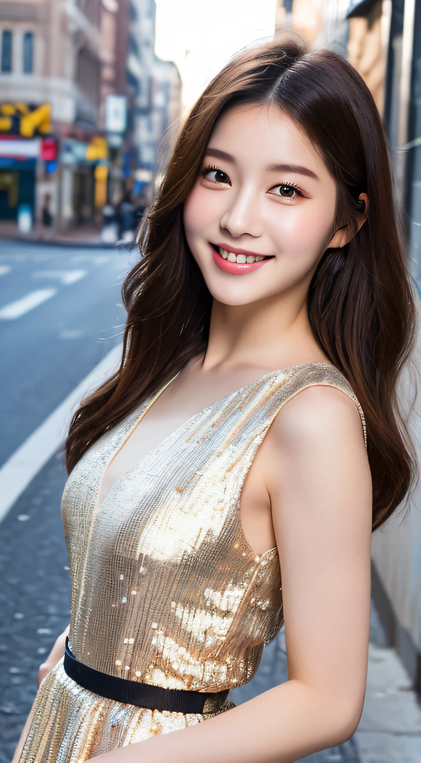 ((Best quality, 8k, Masterpiece :1.3)), 1girl, smiling, full body, slim face, Pretty woman, (Dark brown hair), full length dress :1.1, Ultra-detailed face, Detailed eyes, Double eyelid, blur background, slim face, city, outside, street,