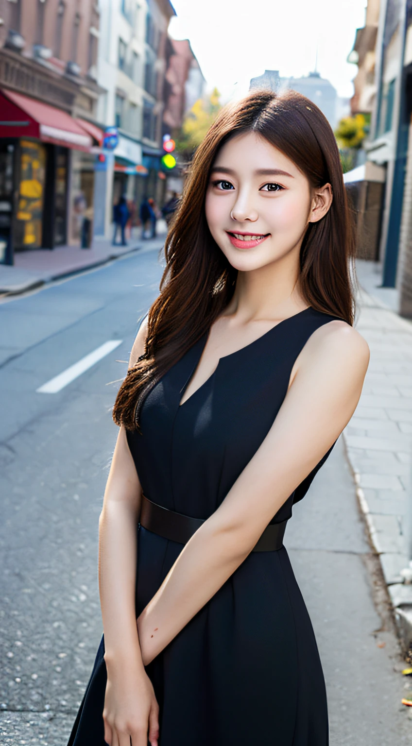 ((Best quality, 8k, Masterpiece :1.3)), 1girl, smiling, full body, slim face, Pretty woman, (Dark brown hair), full length dress :1.1, Ultra-detailed face, Detailed eyes, Double eyelid, blur background, slim face, city, outside, street,