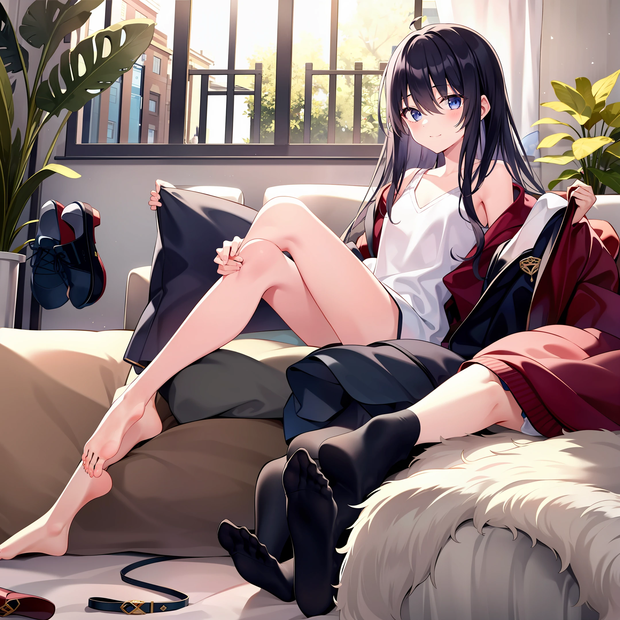 A female junior high school student, lying lazily on the sofa, without any clothes, with her feet up, she can see the soles of her feet