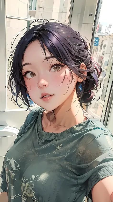 There is a 55-year-old middle-aged woman taking a selfie in front of the window, high quality, high definition, 16k resolution, super fine, meticulous hair portrayal, delicate facial depiction, master work, masterpiece, perfect art
