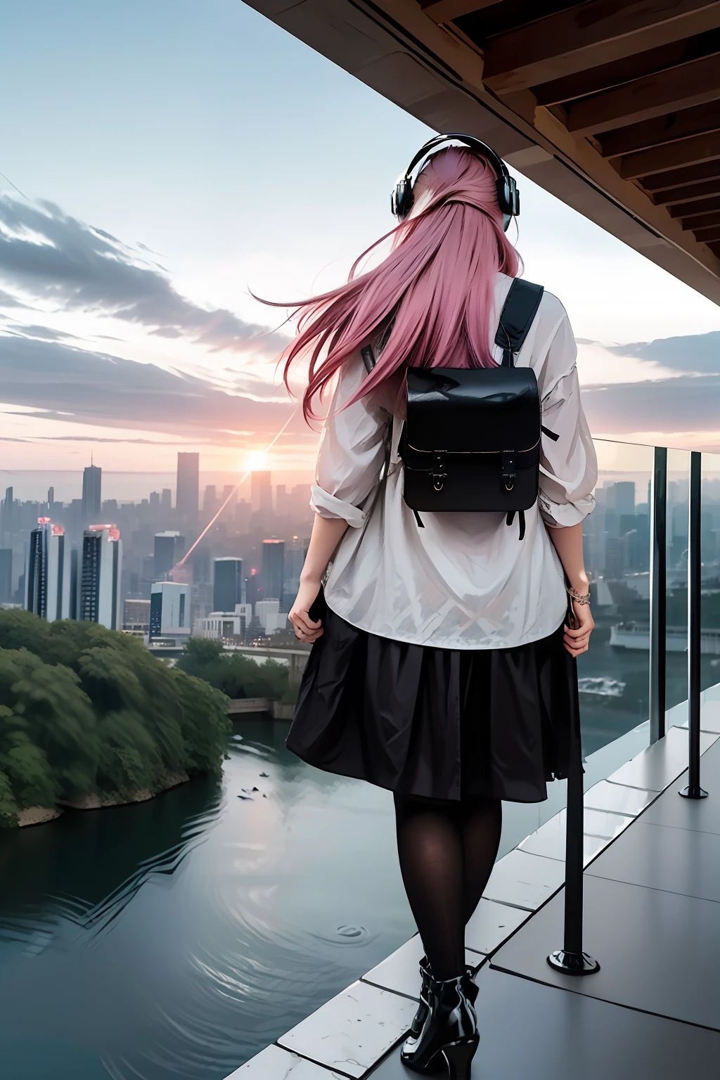 woman standing on a hill overlooking a futuristic city, 1girl, cityscape, city, cloud, scenery, dragons flying in the sky, skyscrapers, long hair, pink hair, from behind, sunrise, facing away, water, river, waterfall, light rays, backpack, large headphones, high heeled boots, black pantyhose, pencil skirt, masterpiece, highly detailed