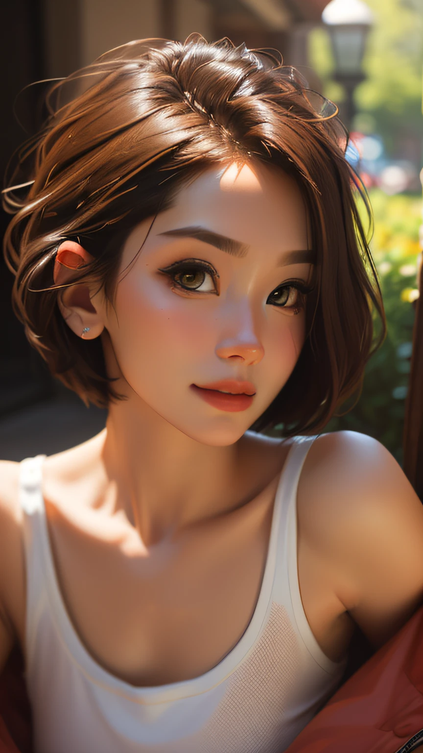 (8K, RAW, Professional, Best Quality, Masterpiece: 1.2, Ultra Detail, (Portrait), (Highest Detail Face: 1.2), 1 Girl, Dynamic Angle, Short Hair, Outdoor, Look at Viewer, Front Light.)