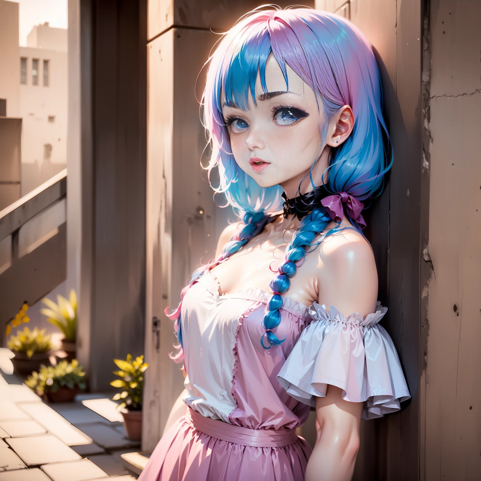 Blue-haired girl in pink dress