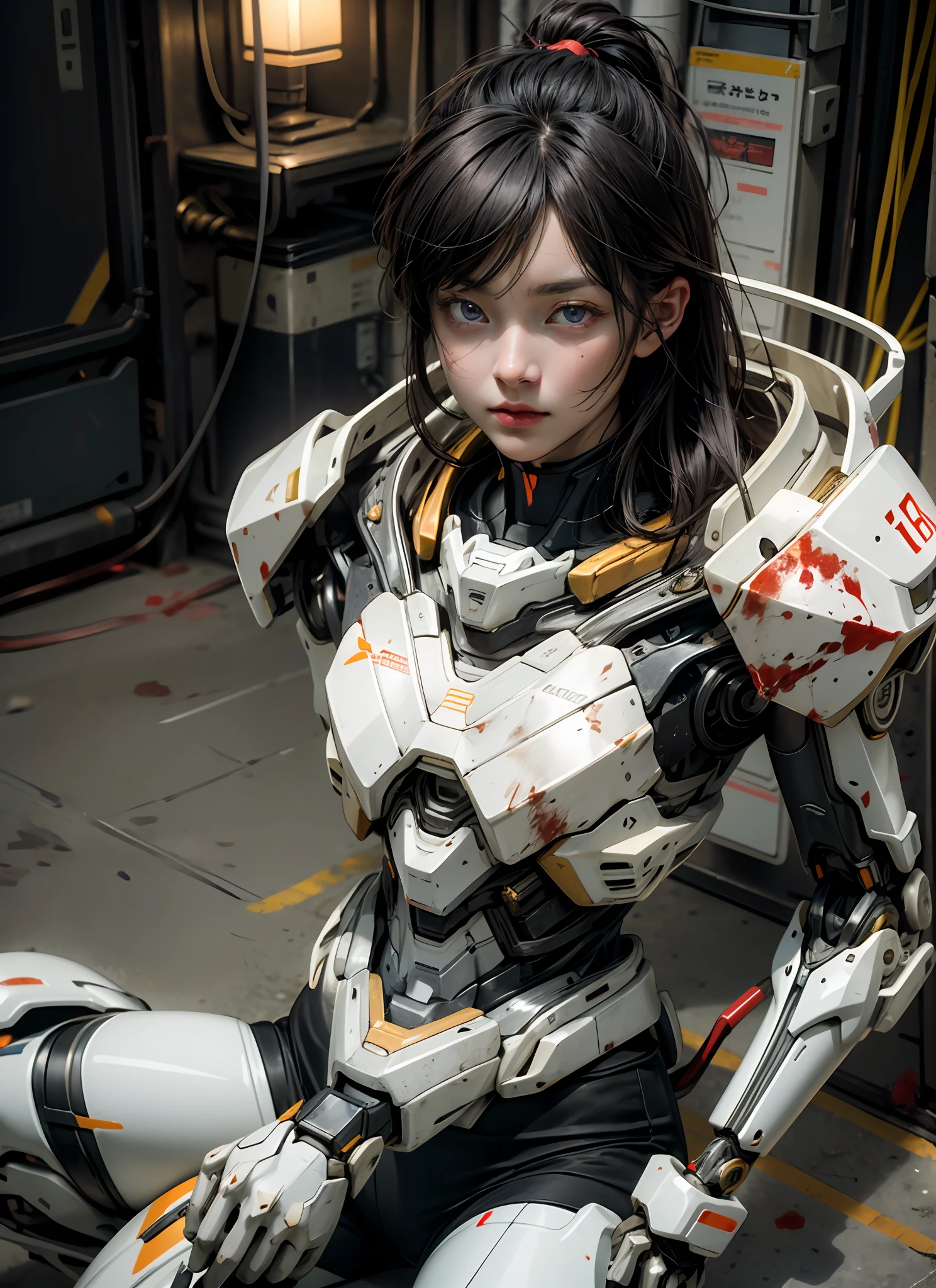 Top Quality, Masterpiece, Ultra High Resolution, (Photorealistic: 1.4), Raw Photo, 1 Girl, Black Hair, Glossy Skin, 1 Mechanical Girl, (Ultra Realistic Detail)), Portrait, Global Illumination, Shadows, Octane Rendering, 8K, Ultra Sharp, Big, Cleavage Exposed Raw Skin, Metal, Intricate Ornament Details, Japan Details, Very intricate details, realistic light, CGSoation trend, purple eyes, glowing eyes, facing the camera, neon details, mechanical limbs, blood vessels connected to the tube, mechanical vertebrae attached to the back, mechanical cervical attachment to the neck, sitting, wires and cables connecting to the head, gundam, small LED lamps,