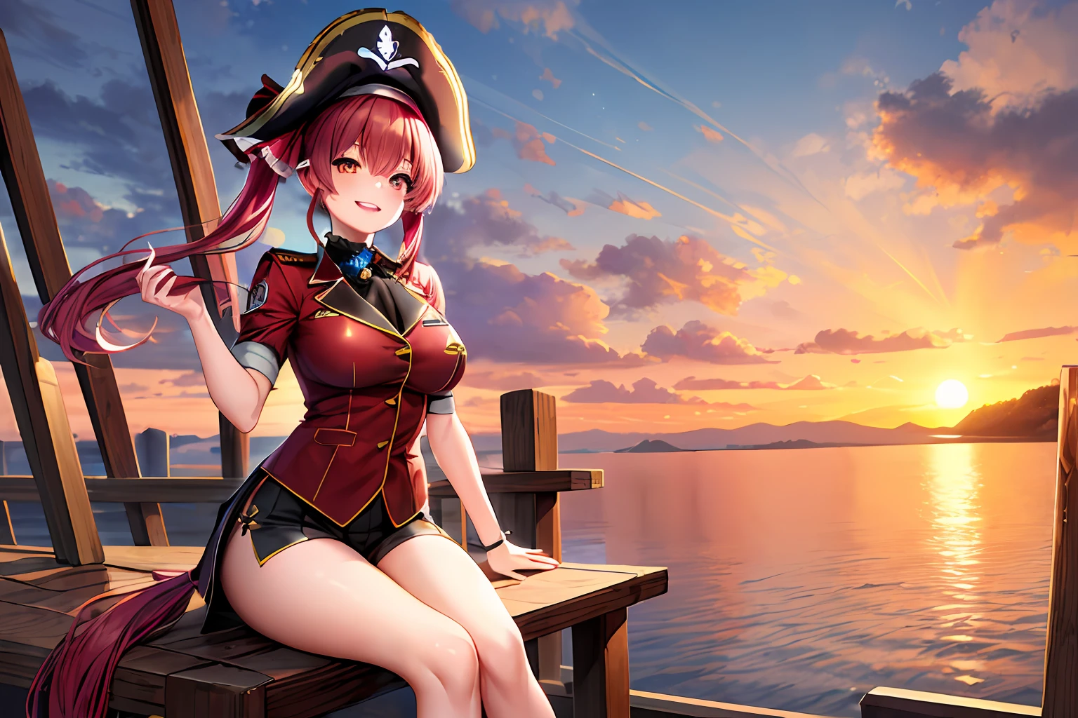 Houshou marine, wear a pirate hat, joyful, mischievous, scenic background, ultra detailed, best quality, volumetric lighting, smiling eyes, on the top of a tower, ((1girl)), (pony twin tail), medium size chests, sunset, sit on a bamboo chair