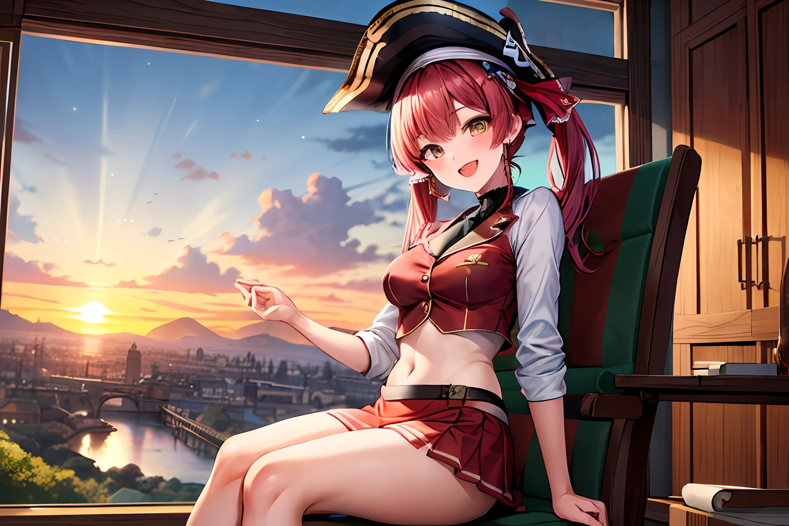 Houshou marine, wear a pirate hat, joyful, mischievous, scenic background, ultra detailed, best quality, volumetric lighting, smiling eyes, on the top of a tower, ((1girl)), (pony twin tail), medium size chests, sunset, sit on a bamboo chair