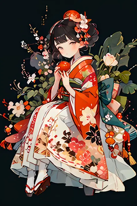 1girl, solo, fruit, japanese clothes, food, flower, kimono, hair ornament, apple, holding food, holding fruit, hair flower, red ...