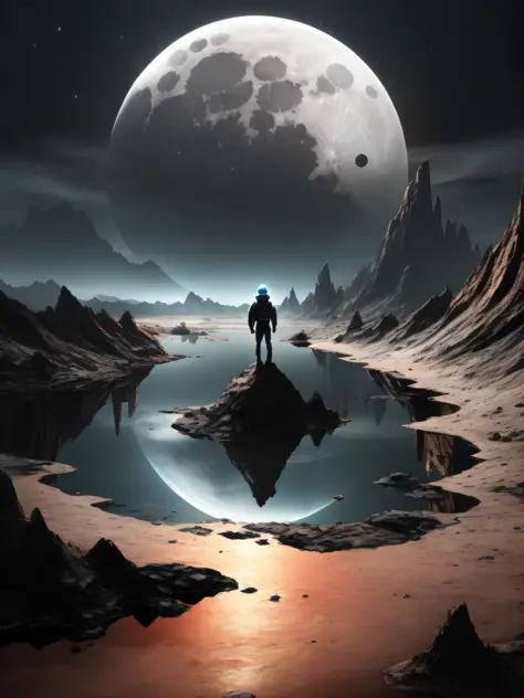 arafed man standing on a rock in front of a lake with a moon in the background, an alien landscape view, across an alien landscape, stunning alien landscape, standing on a martian landscape, an alien landscape, amazing alien landscape, 4k highly detailed d...