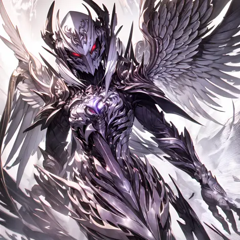 masterpiece, highly detailed CG unified 8K wallpapers, 8k uhd, dslr, high quality, clean, best illumination, a god in a white armor, white wings, glowing eyes, cinematic, ultra-high resolution, ultra-high detailed, high-definition, shadowverse style