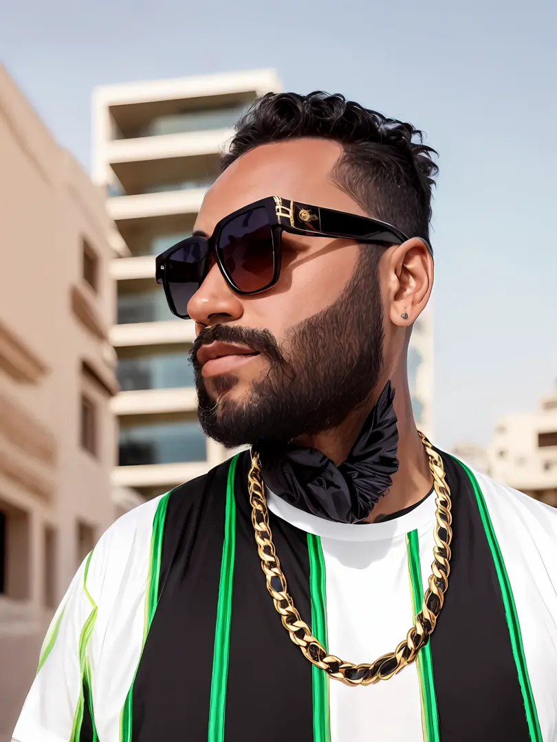 araffe with a beard and a white shirt wearing sunglasses, wearing versace sunglasses, taken in the early 2020s, perfect shading, lit from the side, looking off to the side, tapered hairline, official artwork, looking to the side off camera, looking heckin ...