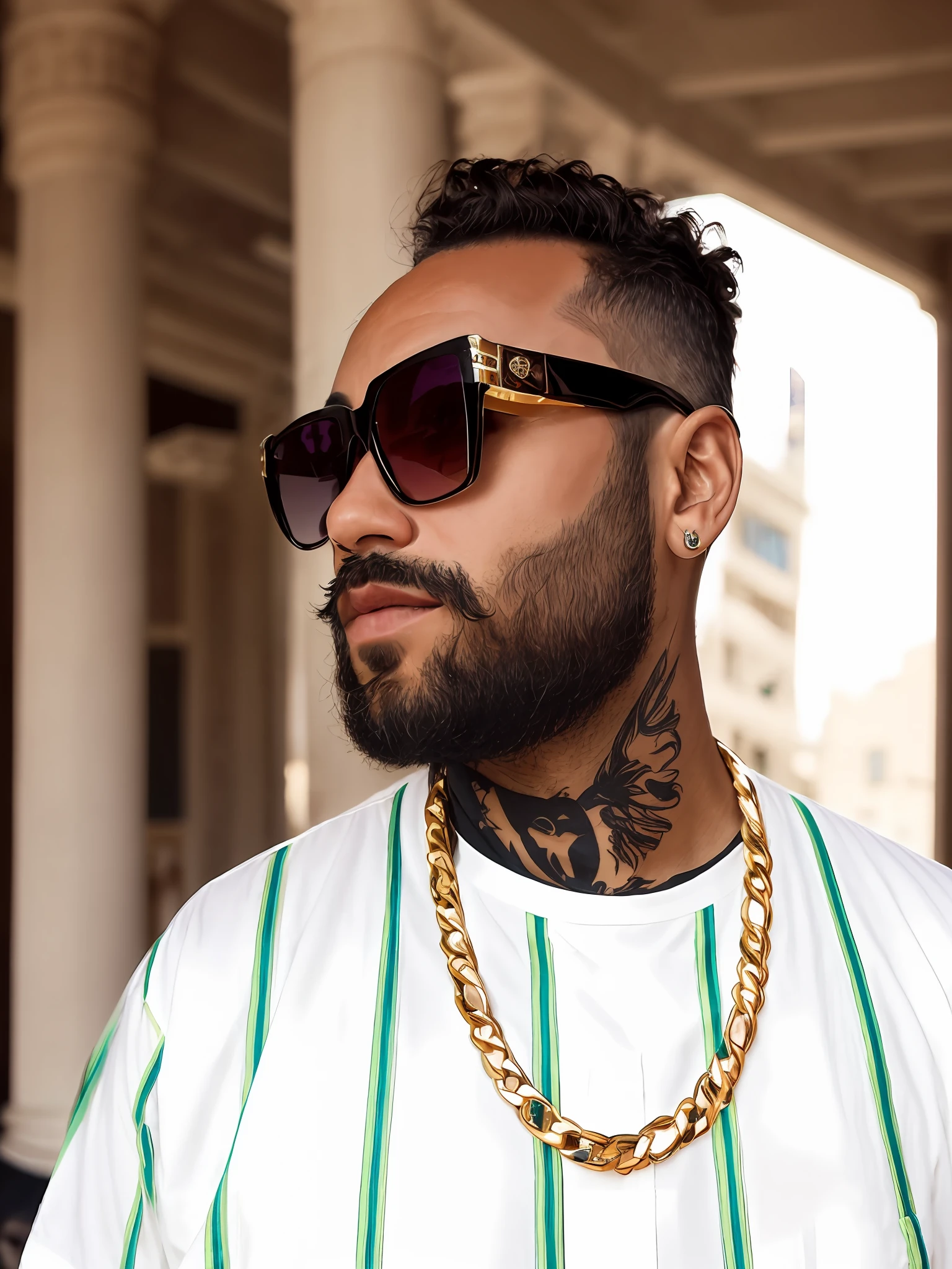 araffe with a beard and a white shirt wearing sunglasses, wearing versace sunglasses, taken in the early 2020s, perfect shading, lit from the side, looking off to the side, tapered hairline, official artwork, looking to the side off camera, looking heckin cool and stylish, portrait shot 8 k, 🤬 🤮 💕 🎀