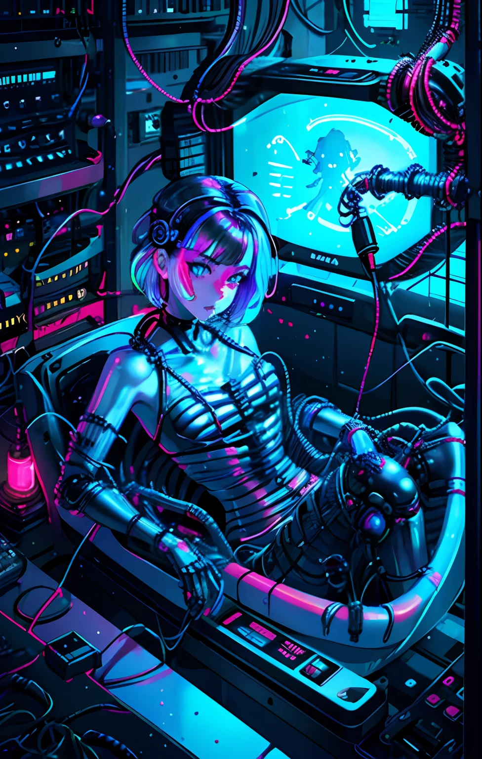 lucy \(cyberpunk\), 1girl, ice, ice cubes, cyborg, (robot joints:0.5) ,(iridescent PVC:1.4), neon palette, (red eyeliner), science fiction, short hair, solo, indoors, bathtub, cables, night, submerged in water, dark room, close up, 8k, ultra sharp, ((mechanical parts)),(((wires and cables connecting to head))), cyberpunk edgerunners,hnsrdlf style,