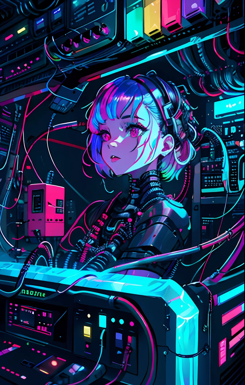 lucy \(cyberpunk\), 1girl, ice, ice cubes, cyborg, (robot joints:0.5) ,(iridescent PVC:1.4), neon palette, (red eyeliner), science fiction, short hair, solo, indoors, bathtub, cables, night, submerged in water, dark room, close up, 8k, ultra sharp, ((mechanical parts)),(((wires and cables connecting to head))), cyberpunk edgerunners,hnsrdlf style,