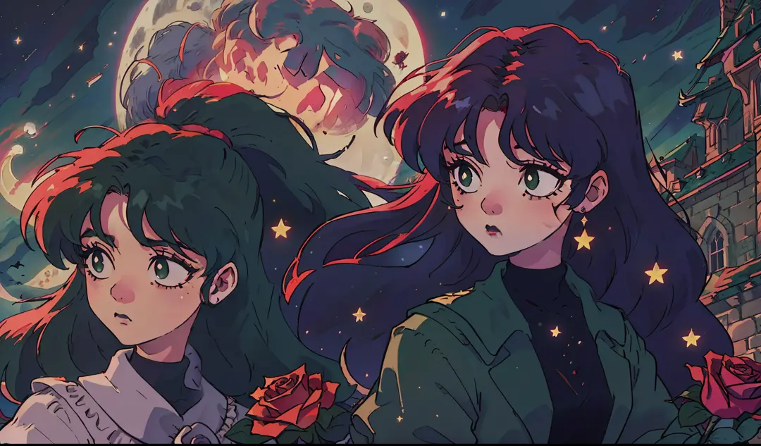 the scene depicts a starry night in a gothic anime setting from the 80s. this will include the characteristic art style of that ...