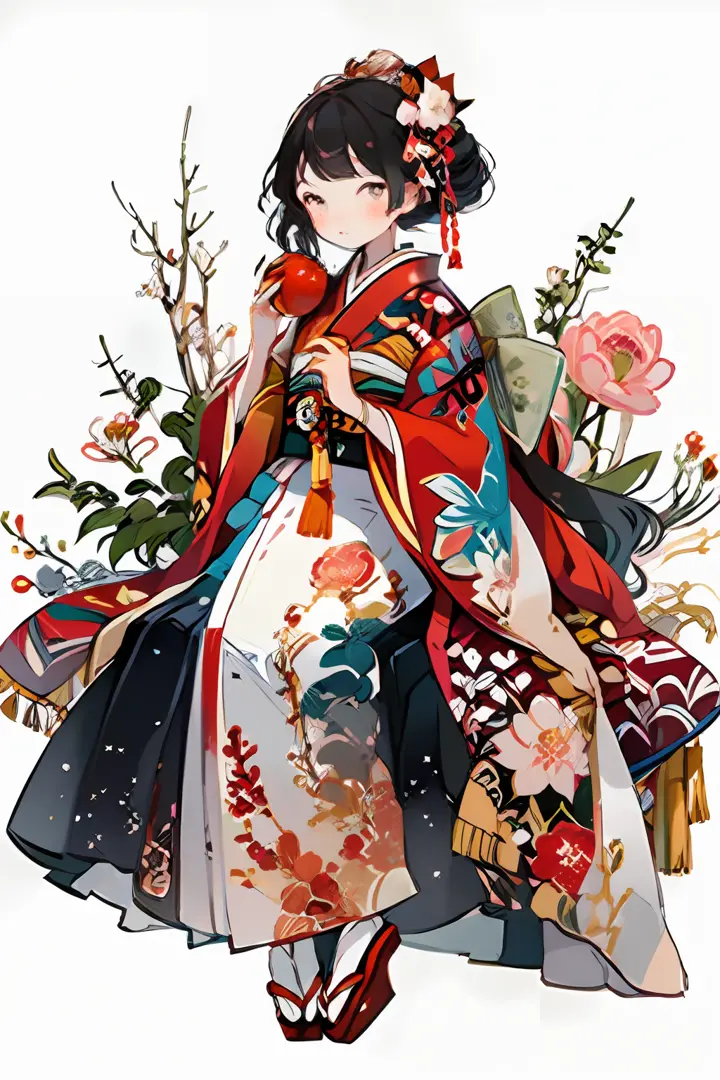 HD,1 girl, solo, fruit, japanese clothing, food, flower, kimono, hair accessory, apple, holding food, holding fruit, hair flower...
