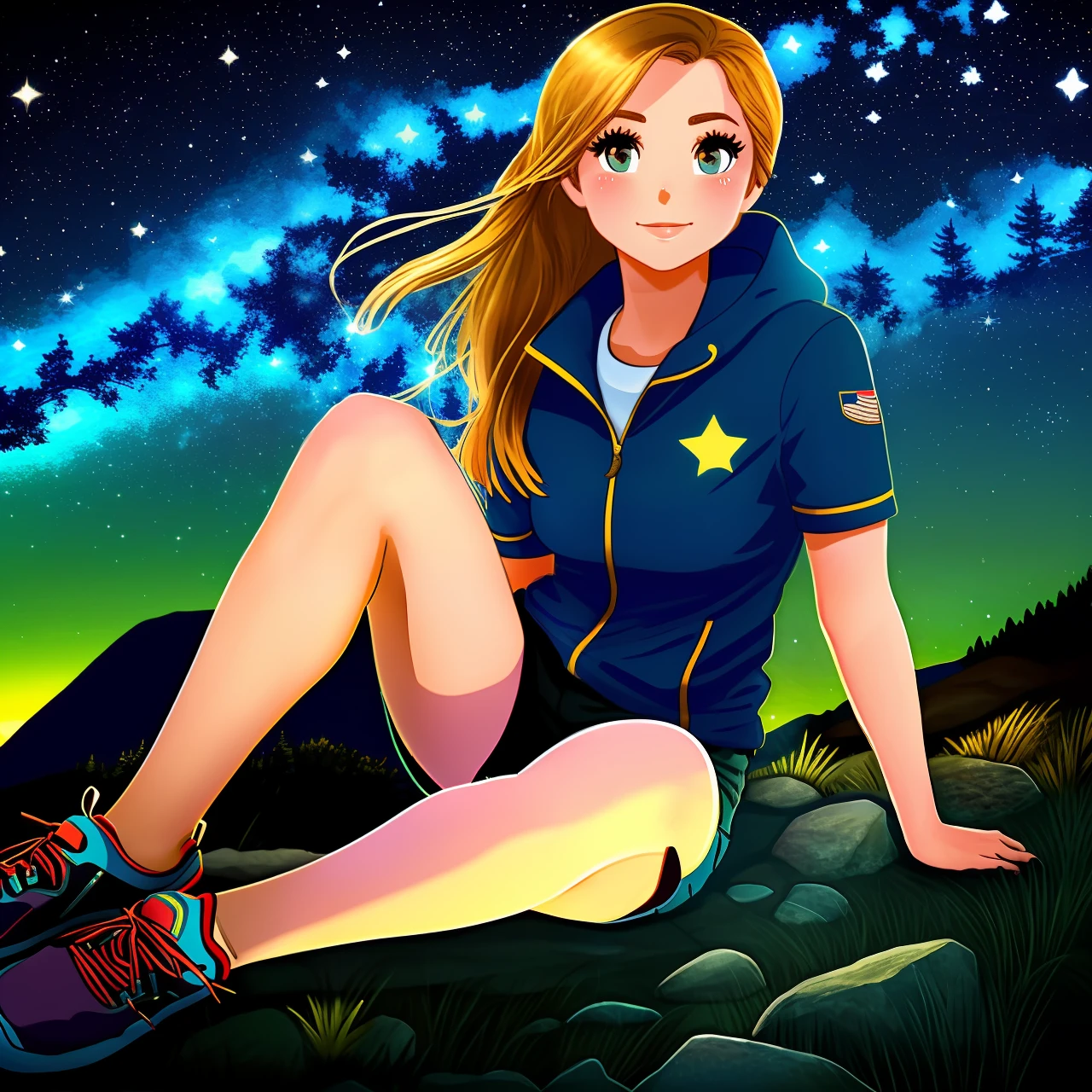 一个穿着徒步旅行服装的女孩坐着看着星空