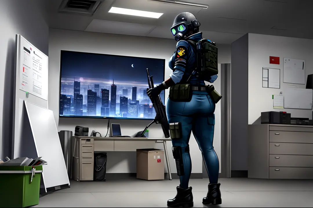 solo, wide hips, ass, small breasts, curvy, thick thighs, techwear, tight clothes, tactical gear, holding weapon, blue camo, 1gi...