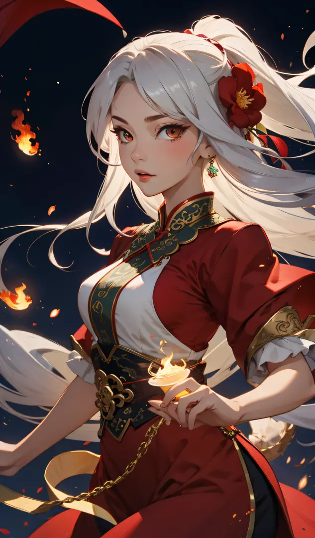 1girl, liuyun, fire ball, long hair, floating hair, hair flower, eastern dragon, red and white, upper body, looking at viewer,