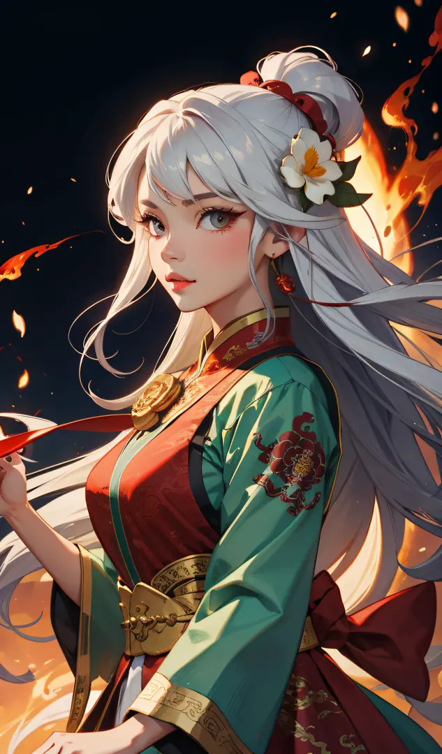 1girl, liuyun, fire ball, long hair, floating hair, hair flower, eastern dragon, red and white, upper body, looking at viewer,