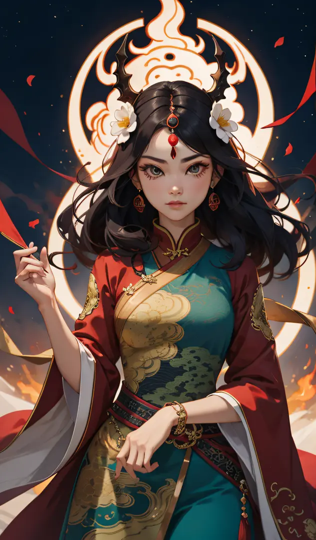 1girl, liuyun, fire ball, long hair, floating hair, hair flower, eastern dragon, red and white, upper body, looking at viewer,