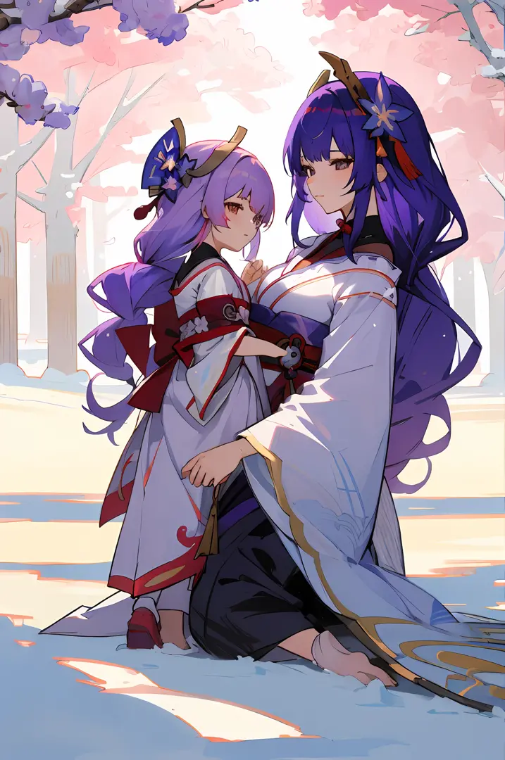 anime image of two women dressed in traditional japanese clothing in snow, palace  a girl in hanfu, wlop and sakimichan, purple ...