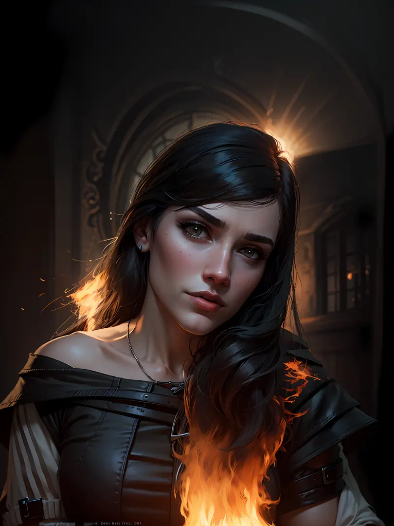 an ultra-realistic woman, witcher3, yennefer witcher3 style outfit, with fire out of her hands in the style of y3nn3f3r