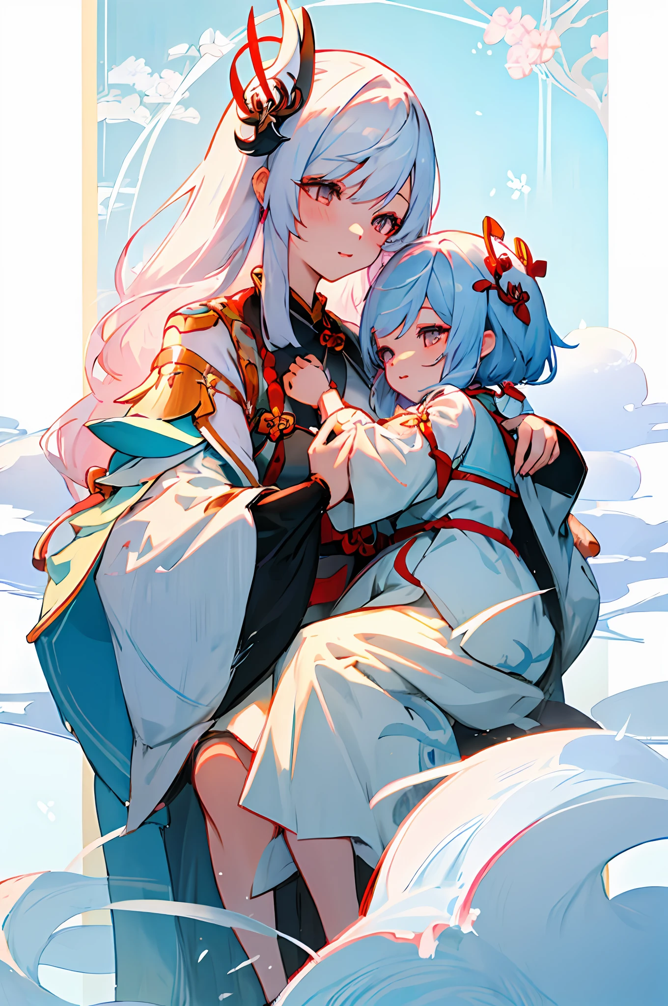 anime image of two women dressed in traditional japanese clothing in snow, palace  a girl in hanfu, wlop and sakimichan, white haired deity, characters from azur lane, anime fantasy illustration, from the azur lane videogame, genshin, artwork in the style of guweiz, onmyoji detailed art, two beautiful anime girls, mother and child, symbol of maternal love, mother and child, such as photos of mother and 