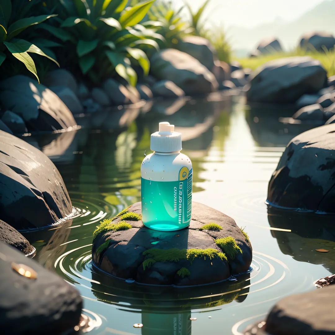 A tube of toothpaste is placed on a rock in a green environment, Green grassland, rocks, calm lake water, dewdrops, moisture, ice, soft light, focusing on details, light blue and green, mysterious tropical areas, Nikon shooting, photo realistic rendering, ...
