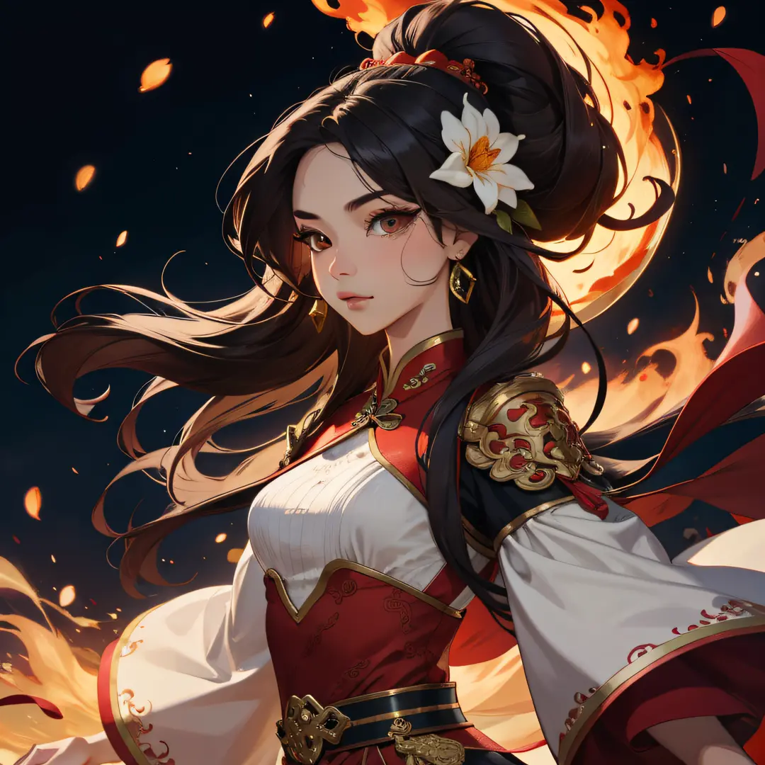 1girl, liuyun, fire ball, long hair, floating hair, hair flower, eastern dragon, red and white, upper body, looking at viewer,