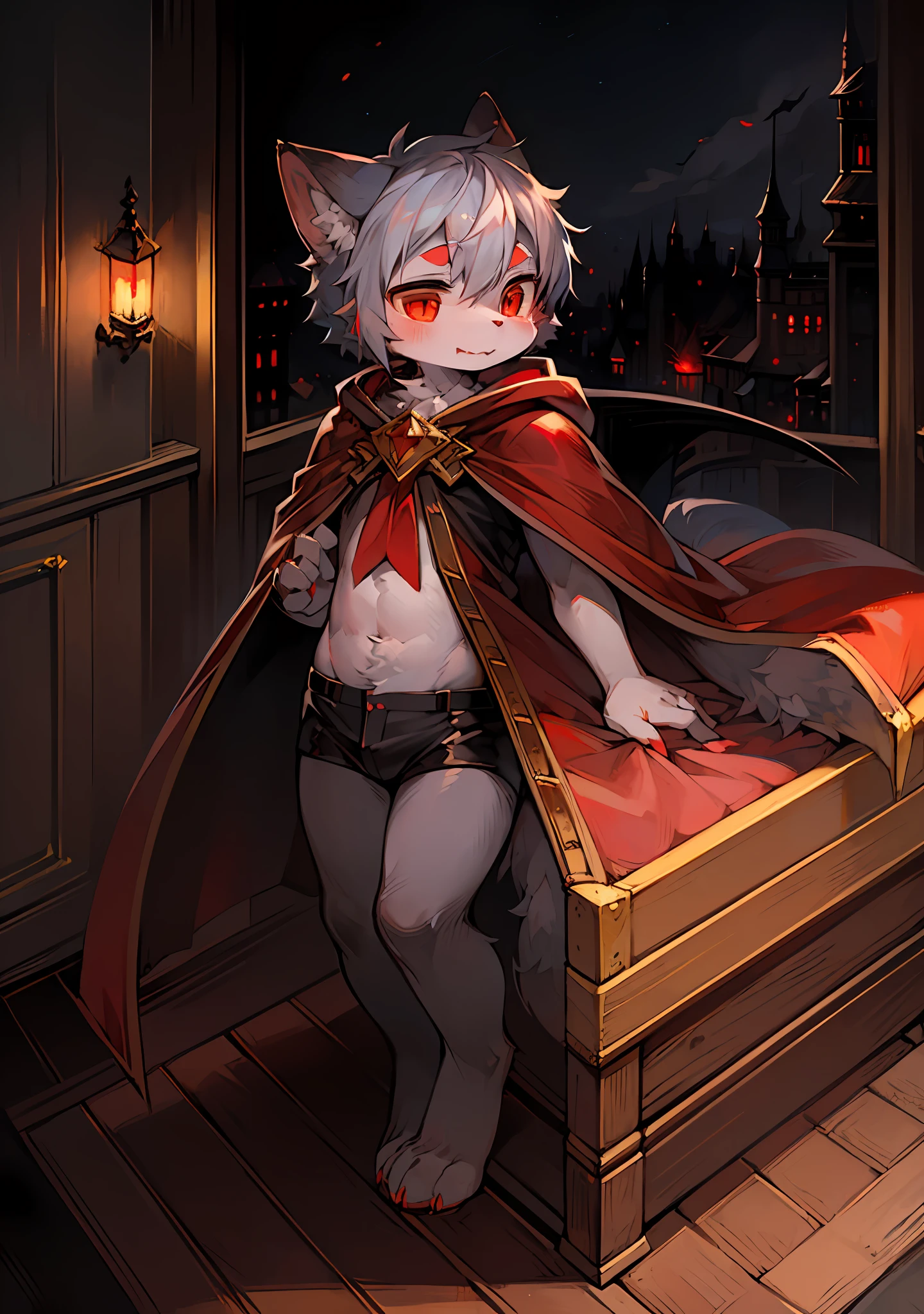 (dark environment:0.8),masterpiece, high quality, absurd res, digital painting \(artwork\), by dagasi, yupa,kiyosan,(anthro,fluffy fur,character focus:1.1),anthro male cat,short hair,portrait, bright eyes,panorama,character focus.(detailed background:0.7),solo,furry,furry male ,male focus,anthr,(Full body fur, fluffy tail, white fur,red eyes,gray hair:1.2),(long canines,vampire, cape:1.2),(interior,night, castle, coffin:1.1)