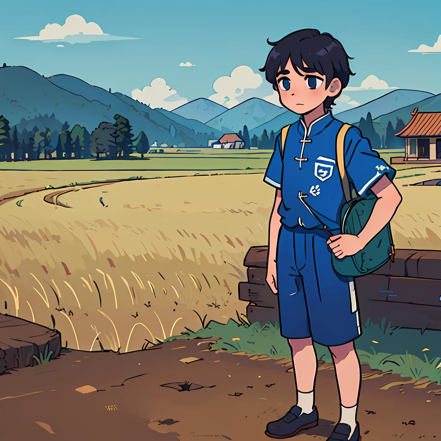 Anime boy standing in front of a field with a backpack - SeaArt AI