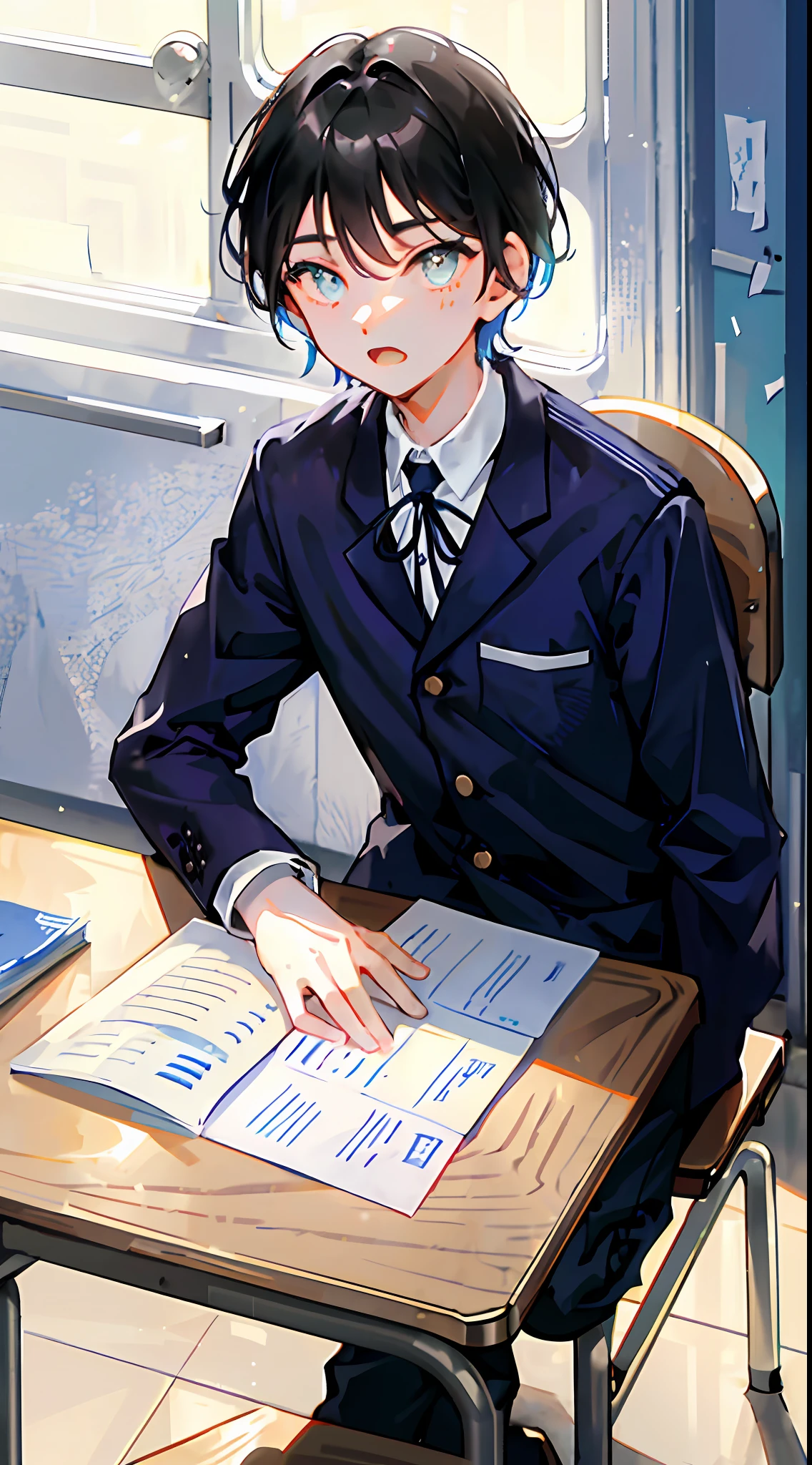 ((Boy: 2, best quality)), son, wearing a light blue school uniform, sitting on the class seat, the table is full of test papers, hands parallel to the table, square face, inch hair, pupils narrowed, mouth slightly open, a look of surprise, looking at the audience, face close, (masterpiece), facing the audience, only counting the facial area.