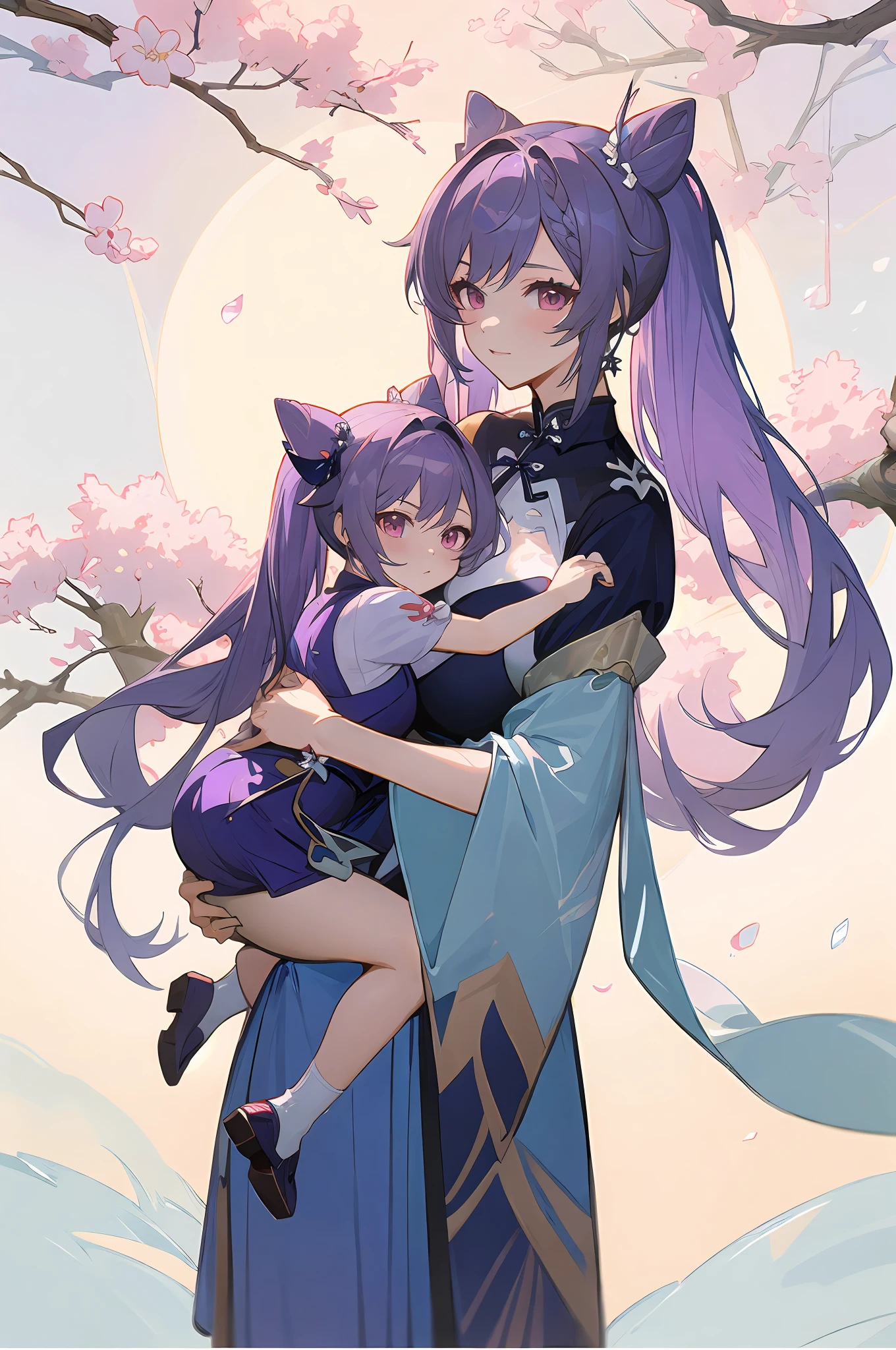 anime image of two women dressed in traditional china clothing in Spring, Cheongsam, palace a girl in hanfu, wlop and sakimichan, long hair, twintails, purple haired deity, characters from azur lane, anime fantasy illustration, from the azur lane videogame, genshin, artwork in the style of guweiz, cultivator detailed art, two beautiful anime girls, mother and child, symbol of maternal love, mother and child, such as photos of mother and child