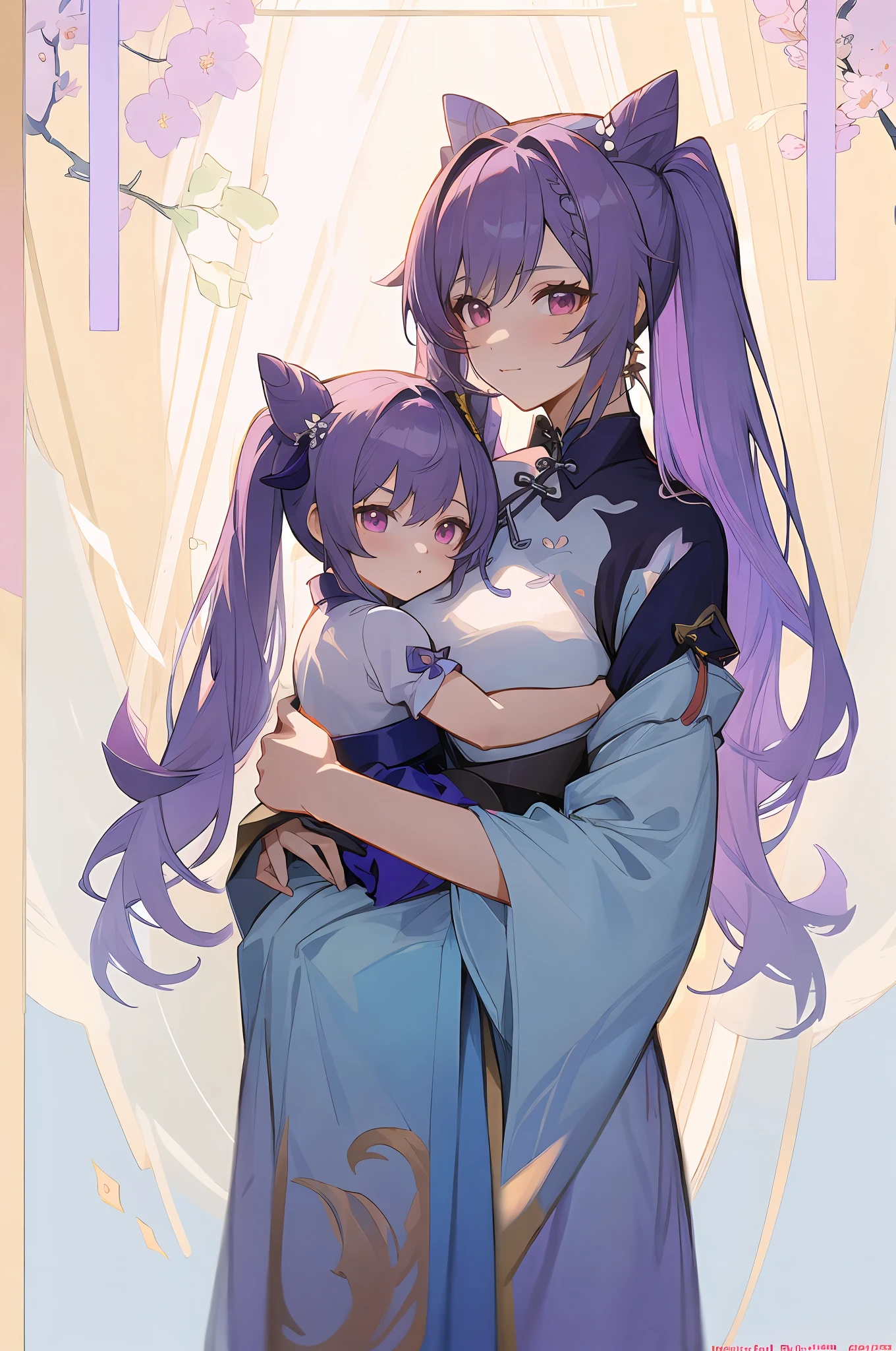 anime image of two women dressed in traditional china clothing in Spring, Cheongsam, palace a girl in hanfu, wlop and sakimichan, long hair, twintails, purple haired deity, characters from azur lane, anime fantasy illustration, from the azur lane videogame, genshin, artwork in the style of guweiz, cultivator detailed art, two beautiful anime girls, mother and child, symbol of maternal love, mother and child, such as photos of mother and child