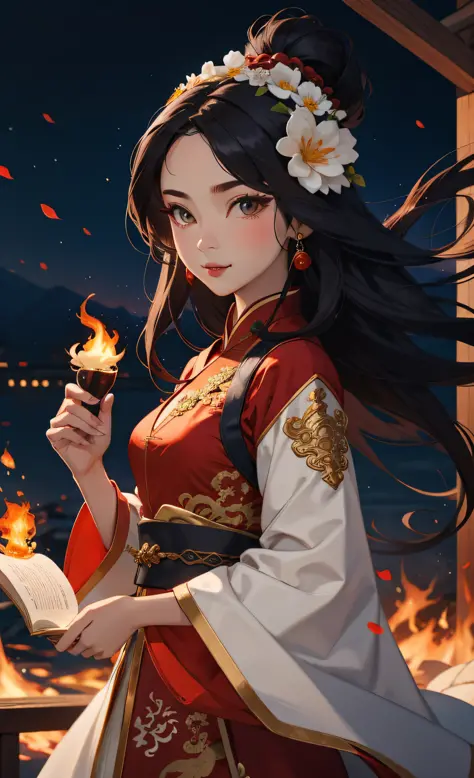 1girl, liuyun, fire ball, long hair, floating hair, hair flower, eastern dragon, red and white, upper body, looking at viewer,