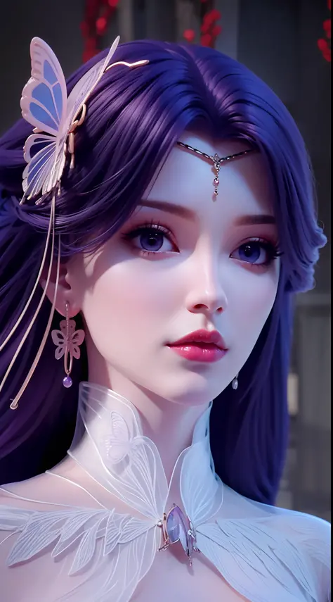 1girl, purple hair, purple eyes, beautiful, butterfly earrings, white shirt, red lips, high resolution, hd, 77mm lens
