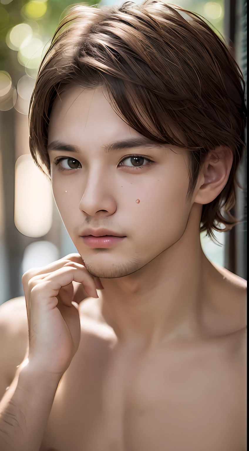 1男孩, mAle focus, topless mAn, disheveled hAir, looking At the viewer, 戶外的, beAutiful lighting, deep shAdow, best quAlity, mAsterpiece, ultrA-high resolution, photoreAlistic, blurred bAckground, (原始照片: 1.2), ((photoreAlistic: 1.4), (mAsterpiece: 1.3), (best quAlity: 1.4), ultrA-high resolution, (detAiled fAciAl feAtures), (detAiled clothing feAtures), 高動態範圍, 8k分辨率, photo by JernAuKrisStew, A ( HAndsome guy, 15 yeArs old),