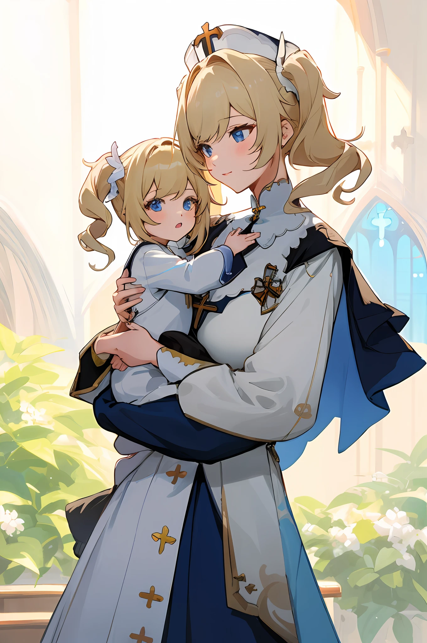 anime image of two women dressed nun posing for a picture like Nun clothing in summer, medium hair, Barbara Curly Blonde Ponytails, a girl in church, anime fantasy illustration, from the azur lane videogame, genshin, nun dress detailed art, two beautiful anime girls, mother and child, symbol of maternal love, mother and child, such as photos of mother and child