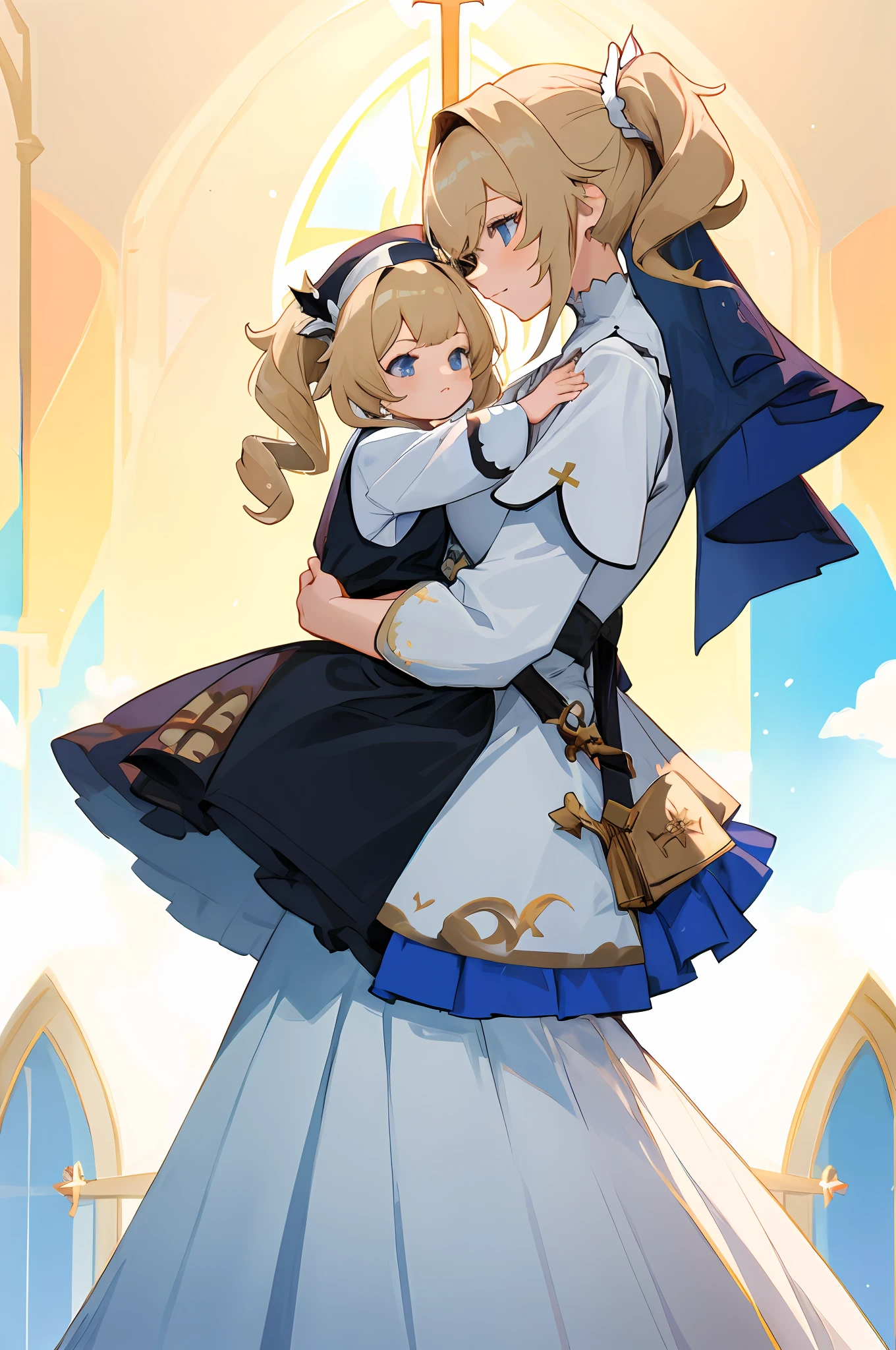 anime image of two women dressed nun posing for a picture like Nun clothing in summer, medium hair, Barbara Curly Blonde Ponytails, a girl in church, anime fantasy illustration, from the azur lane videogame, genshin, nun dress detailed art, two beautiful anime girls, mother and child, symbol of maternal love, mother and child, such as photos of mother and child