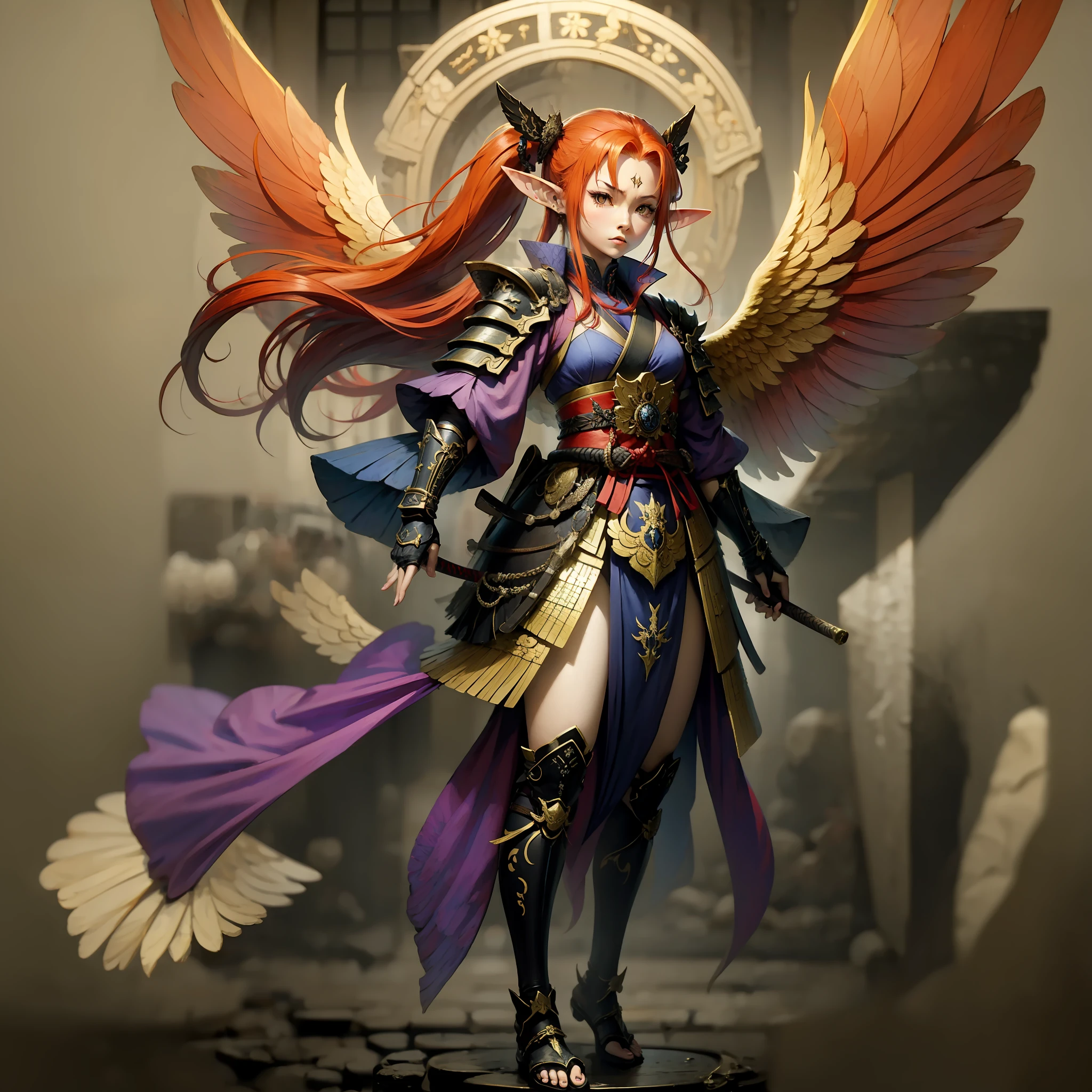 Samurai angel with pointed ears, red hair and wings, full body, high quality