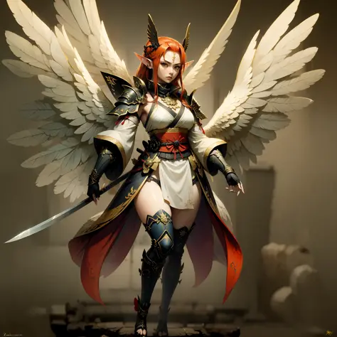Samurai angel with pointed ears, red hair and wings, full body, high quality