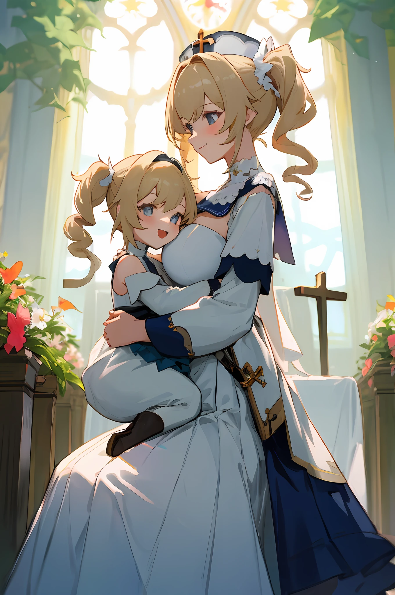 anime image of two women dressed nun posing for a picture like Nun clothing in summer, medium hair, Barbara Curly Blonde Ponytails, a girl in church, anime fantasy illustration, from the azur lane videogame, genshin, nun dress detailed art, two beautiful anime girls, mother and child, symbol of maternal love, happy, mother and child, such as photos of mother and child, sitting in the flower garden