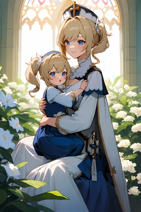 anime image of two women dressed nun posing for a picture like Nun clothing in summer, medium hair, Barbara Curly Blonde Ponytai...