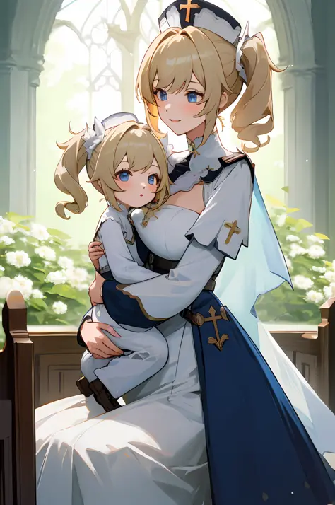 anime image of two women dressed nun posing for a picture like Nun clothing in summer, medium hair, Barbara Curly Blonde Ponytai...