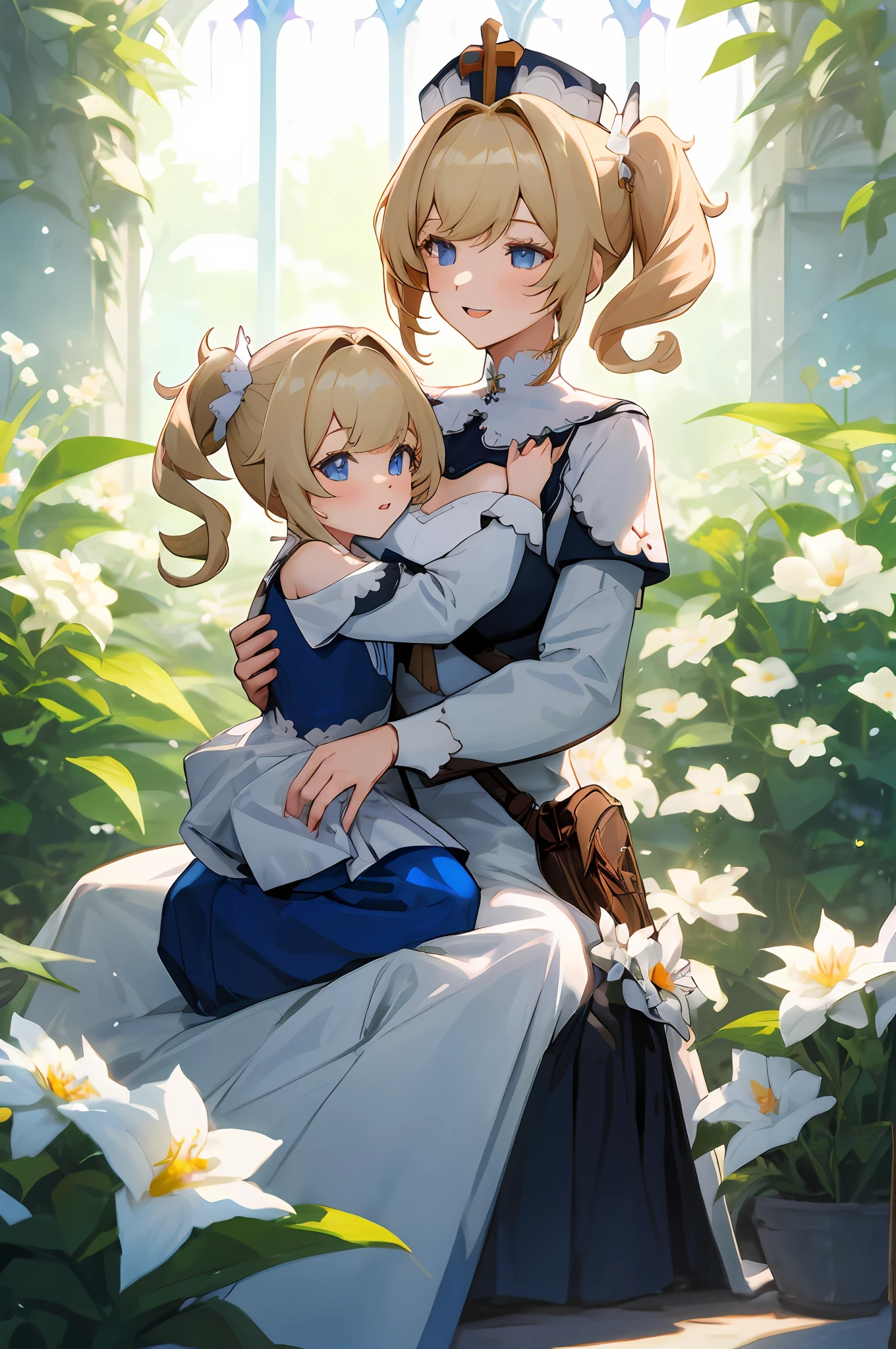 anime image of two women dressed nun posing for a picture like Nun clothing in summer, medium hair, Barbara Curly Blonde Ponytails, a girl in church, anime fantasy illustration, from the azur lane videogame, genshin, nun dress detailed art, two beautiful anime girls, mother and child, symbol of maternal love, happy, mother and child, such as photos of mother and child, sitting in the flower garden, mother and child playing together