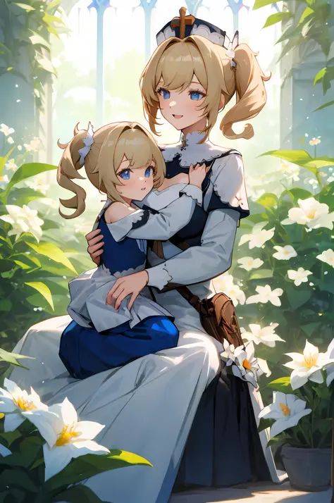 anime image of two women dressed nun posing for a picture like Nun clothing in summer, medium hair, Barbara Curly Blonde Ponytai...