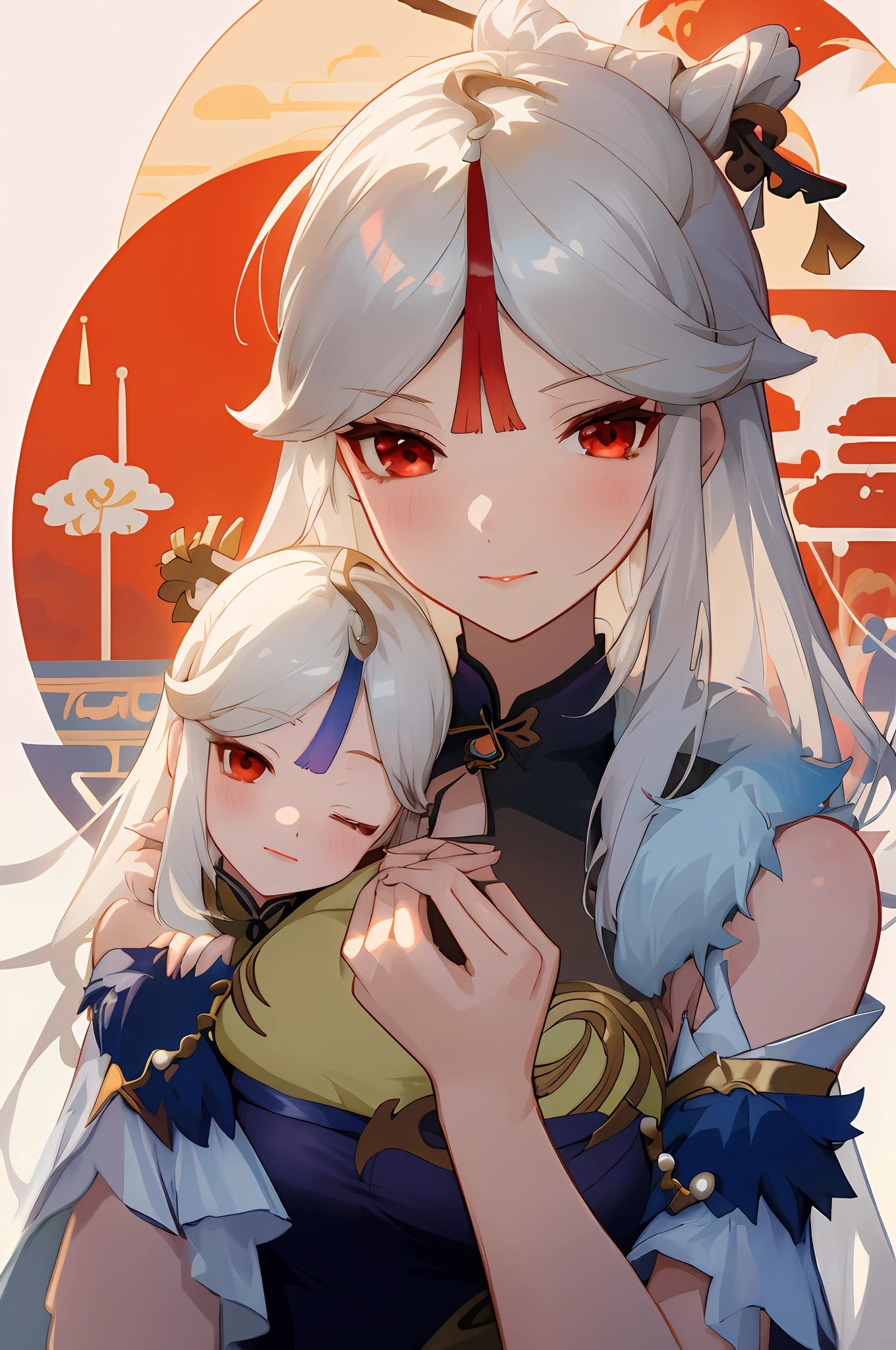 anime image of two women dressed in traditional china clothing in Fall, Cheongsam, palace a girl in hanfu, wlop and sakimichan, long hair, white haired deity, characters from azur lane, anime fantasy illustration, from the azur lane videogame, genshin, artwork in the style of guweiz, cultivator detailed art, two beautiful anime girls, mother and child, symbol of maternal love, mother and child, such as photos of mother and child